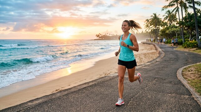 Woman Running Along Beach At Sunset.