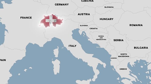 4K animation of a political map of Switzerland highlighted with the colors of the Swiss national flag