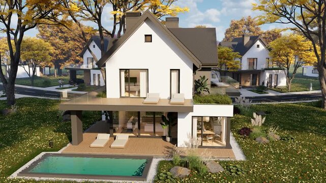 4K pan of a modern suburban house exterior in autumn. Features a white facade, warm wood accents, and an open carport, surrounded by vibrant yellow fall trees and a bright blue sky.