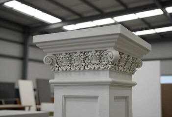 Obraz premium Architecture and interior design concept, ornate classical column capital with decorative floral molding in a modern industrial workshop environment