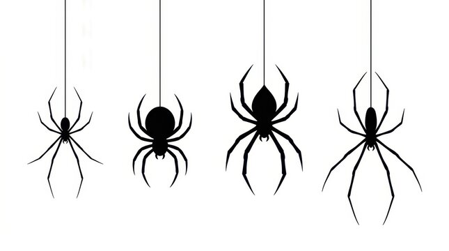 Set of Four Black Spider Silhouettes Hanging on Web Strings Isolated on White Background for Halloween Design