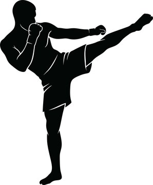 Kickboxer silhouette performing a high side kick in a dynamic martial arts fighting pose