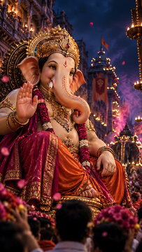 Grand lord ganesha idol at illuminated temple celebration for ganesh chaturthi festival and traditional lord ganesha puja religious cultural event festive photography