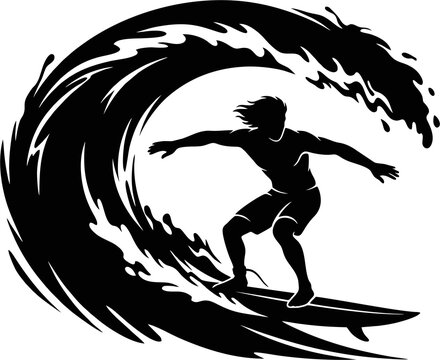 Surfer riding a big ocean wave silhouette vector illustration for sports design.