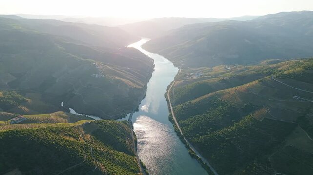 Drone view of the Douro River in Portugal's Douro Valley with sunrise haze, terraced vineyards and warm morning hills. Orbit parallax shot