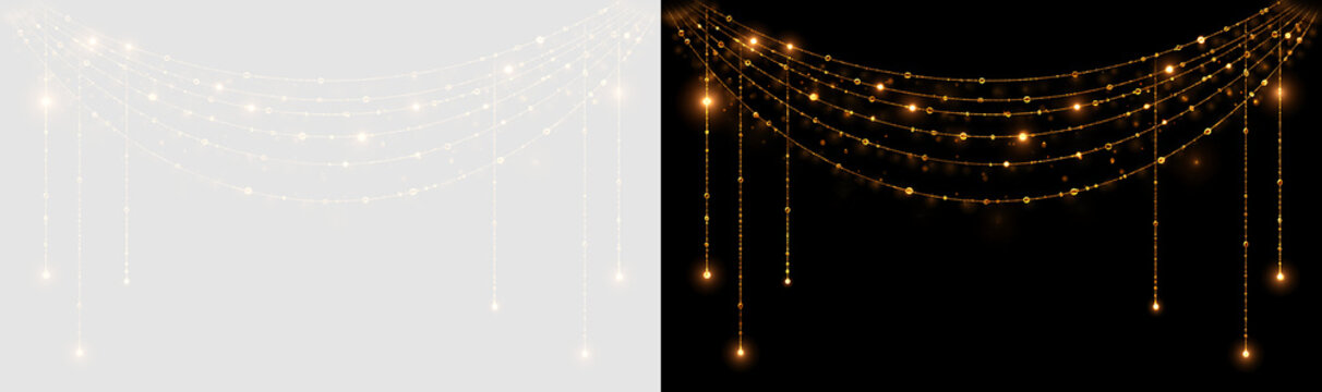 Golden glitter garland with sparkling lights on transparent and black background. Shimmering gold string lights hanging decoration. Festive holiday overlay