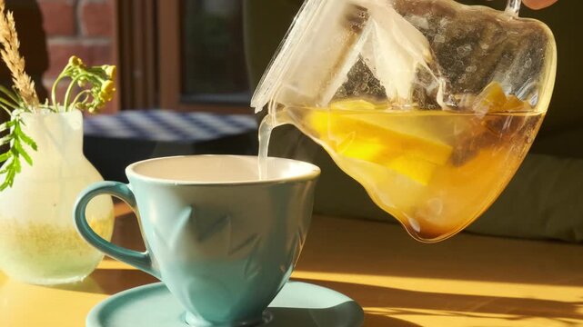 Woman preparing herbal tea mindfully, self-care ritual, wellness routine, calm moment of pause, therapeutic drink for stress relief and balance