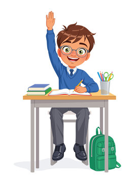 Smart schoolboy in eyeglasses sitting at desk, raising hand in class and writing. Cartoon vector illustration.