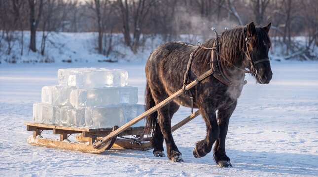 Draft horse actively pulling a wooden sled loaded with large rectangular ice blocks across a snow covered frozen surface, illustrating a historical method of ice harvesting and winter labor