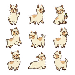 Fototapeta premium Cute cartoon alpaca sticker set featuring adorable llama characters in various playful poses