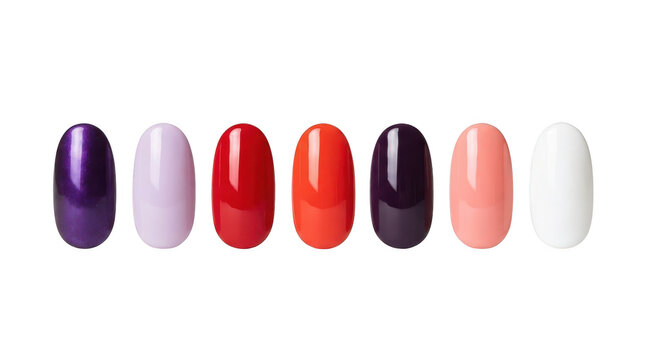 Set of seven oval false nails with different colors of nail polish isolated on transparent background
