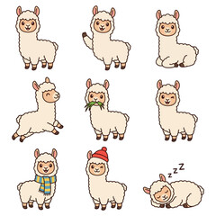 Fototapeta premium Cute cartoon llama and alpaca character set with different happy emotions and funny poses