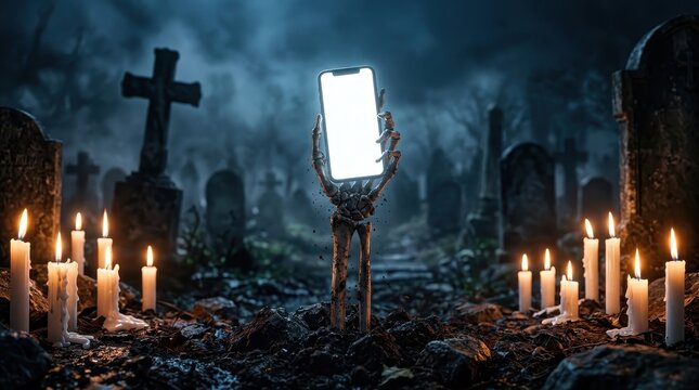 Skeleton Hand Rising from Grave Holding a Mobile Phone with White Screen in a Dark Cemetery with Candles