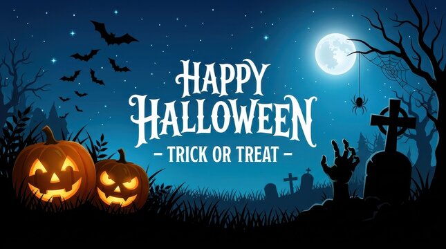 Happy Halloween Trick or Treat Banner with Spooky Graveyard, Jack-o'-lanterns, Bats and Full Moon Illustration
