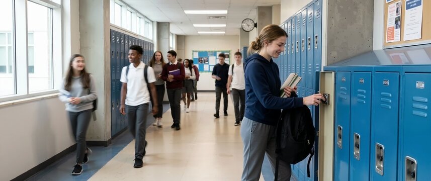High school student opening blue locker in bright corridor. Smiling teenage girl in hallway between classes. School life and education concept