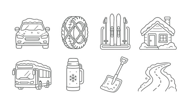 Winter Essentials Collection: A curated set of illustrations depicting essential items for winter conditions, including a snow-covered car, a tire with snow chains, skis, a cozy cabin, a bus.