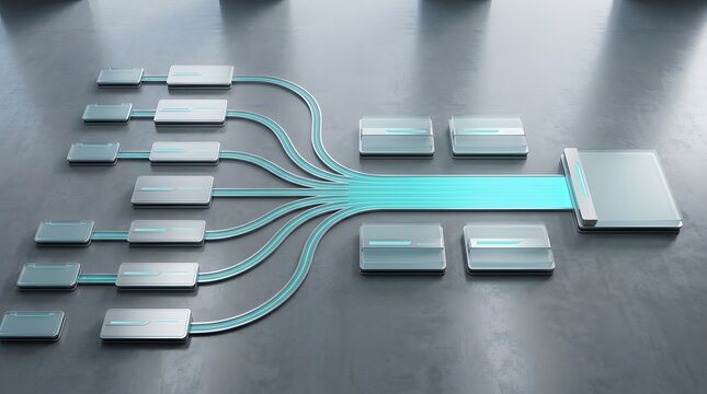 Top view of a complex electronic circuit board diagram with interconnected components and blue data ribbon cables