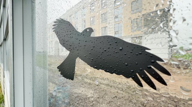 noise barrier wall stands outdoors with a bird sticker. Raindrops cover the wet glass surface. This dreary weather creates a gloomy, lonely, and melancholic feeling.