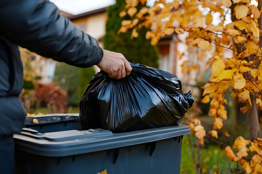 Person disposing of trash bag in outdoor bin during autumn.