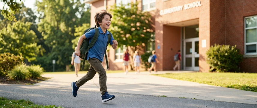 Elementary school student with backpack running toward school building on sunny morning. Excited boy going back to school outdoors
