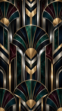 Geometric neo deco fan arches and sharp chevrons combine with chrome brass accents and dark jewel tones in a symmetrical decorative pattern inspired by luxurious vintage interior ornament