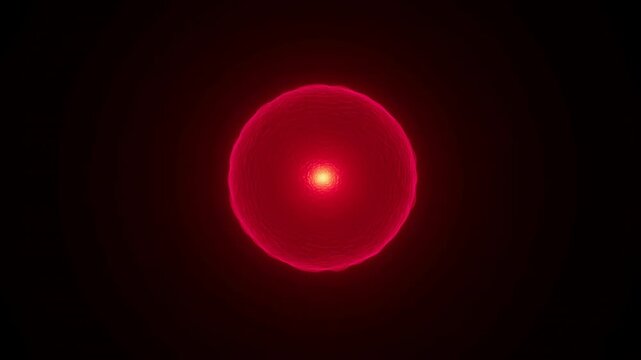 Glowing red orb expands steadily from small luminous point into large circular form against black background, radiating intense magenta light with smooth concentric edges and soft halo
