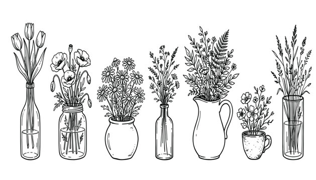 Floral arrangement of wildflowers in various vases a black and white vector illustration