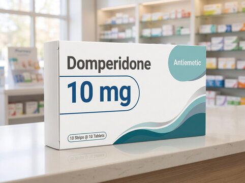 Box of domperidone ten milligram antiemetic medicine in a pharmacy