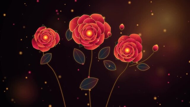A cinematic motion graphic featuring glowing ruby crystal roses illuminated by shimmering gold rim lights. Bioluminescent embers ascend over a dark, atmospheric background. Ideal for luxury promos, da