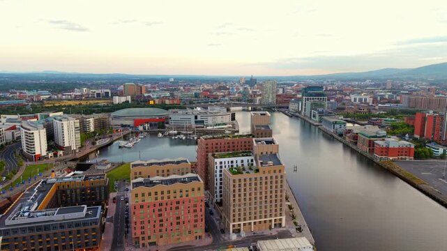 Rising 4K 60FPS aerial video of the River Lagan and Titanic Belfast area of Belfast City Centre, Northern Ireland. Produced in 3840x2160 and with Rec709 colour.