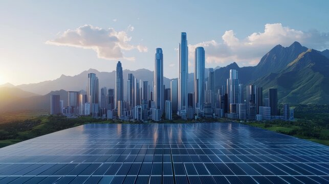 A modern city skyline with tall skyscrapers is set against mountains, featuring a large solar panel field in the foreground under a partly cloudy sky at sunset.