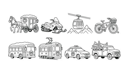 Obraz premium A diverse collection of transportation vehicles, from vintage horse-drawn carriages to modern automobiles, presented in a charming, hand-drawn illustration style.