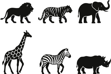 Fototapeta premium Set of six black silhouette illustrations of wild African safari animals.