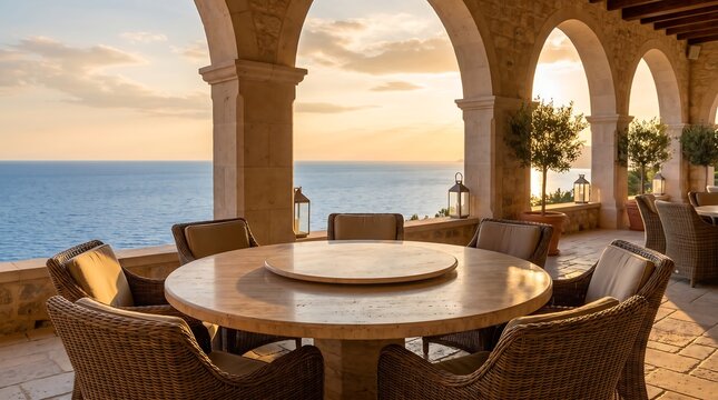 Mediterranean luxury villa terrace with stone arches overlooking blue ocean at sunset featuring round dining table and wicker chairs for alfresco summer living.