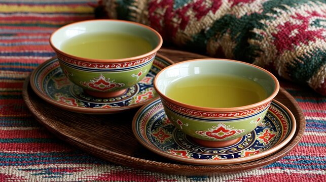 Two Central Asian piala bowls filled with green tea on a wooden tray