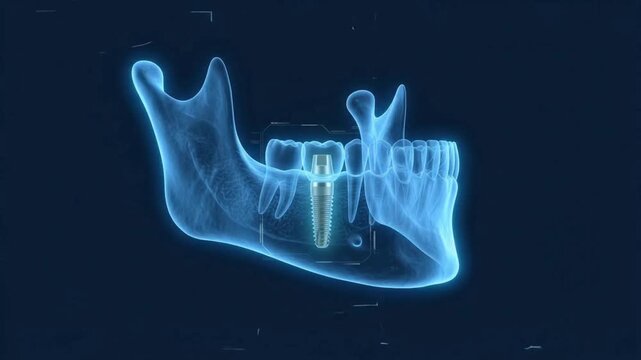 3D holographic medical visualization of a dental implant procedure shown on a glowing blue mandible x-ray over a dark background