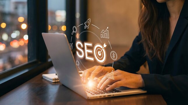 Person typing on a laptop with a glowing digital seo and search engine optimization overlay
