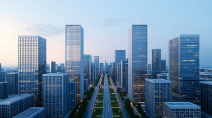 Fototapeta premium Modern cityscape featuring tall skyscrapers lining a wide, green-lined boulevard during early morning or evening light.