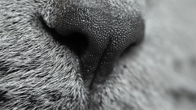 Cat nose and grey fur fill an extreme close-up with soft shallow focus.