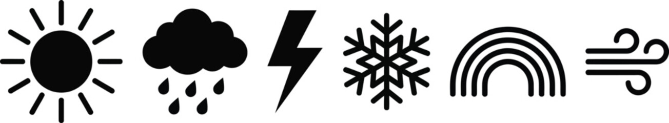 Obraz premium A set of six black weather icons representing various meteorological conditions.