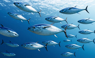 Obraz premium School of tuna fish swimming underwater, seafood