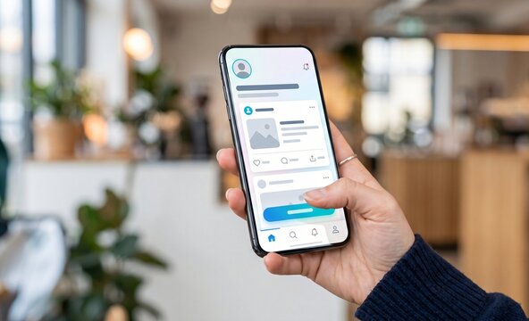Hand holding smartphone displaying mobile application interface in a modern office setting
