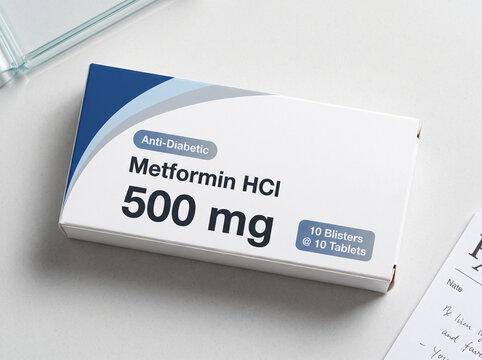Box of metformin hydrochloride pills on a pharmacy counter