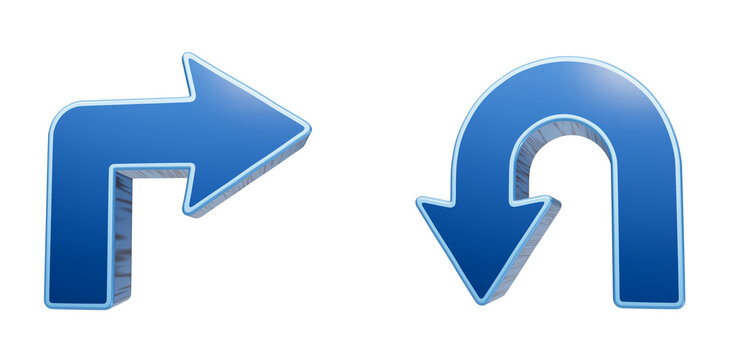 Abstract set of two glossy blue arrows showing a sharp turn and a round u turn