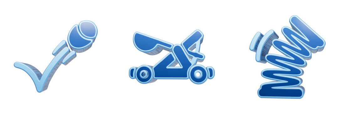 Blue icon collection featuring a microphone baby carriage and spring motion graphic design elements