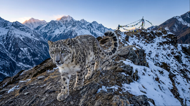 Snow leopard walking on Himalayan ridge with prayer flags