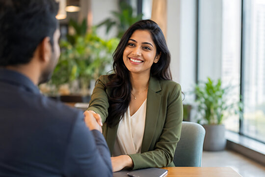 A smiling young woman in an olive green blazer shaking hands with a business partner in a bright office setting with indoor plants and windows
