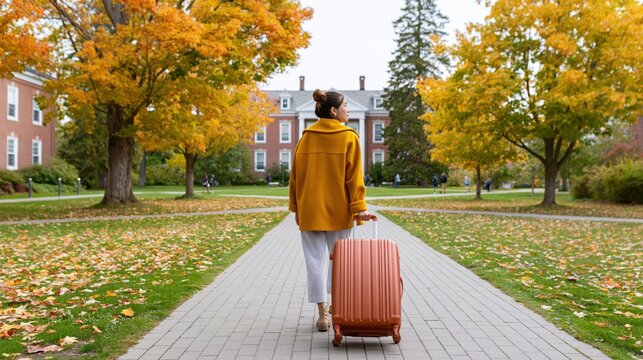 Young woman with suitcase arriving on campus during autumn foliage season