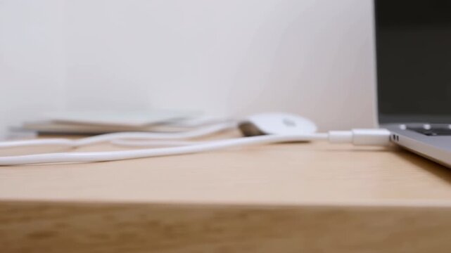 White power cable runs from wall outlet across wooden desk toward open laptop as camera moves right, revealing wired connection, computer mouse, pale wall, and tidy workspace
