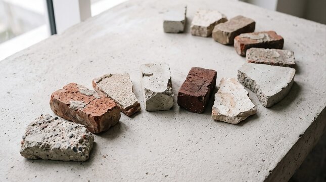 Collection of irregular brick and mineral fragments arranged on a concrete surface, representing reclaimed construction materials and material samples.